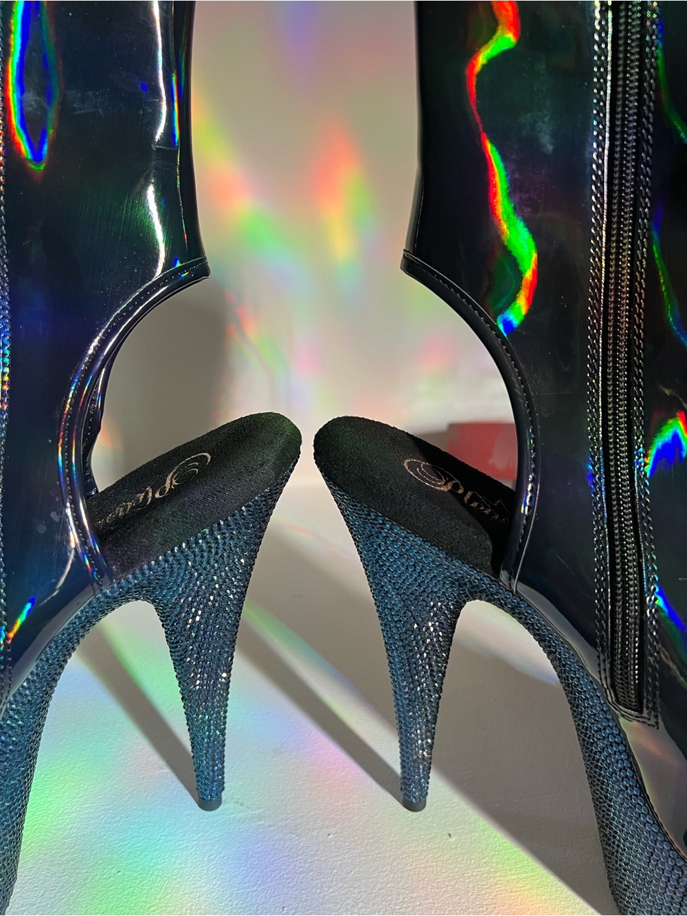 Pleaser Holographic Black Platform Rhinestone Lace-Up Boots sz 12 read post - Picture 6 of 16